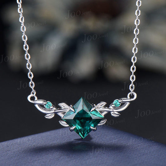 Princess Cut Green Emerald Necklace Solid 14K Rose Gold Three Stone Leaf Vine Nature Inspired Pendant Birthday Anniversary Gifts For Women