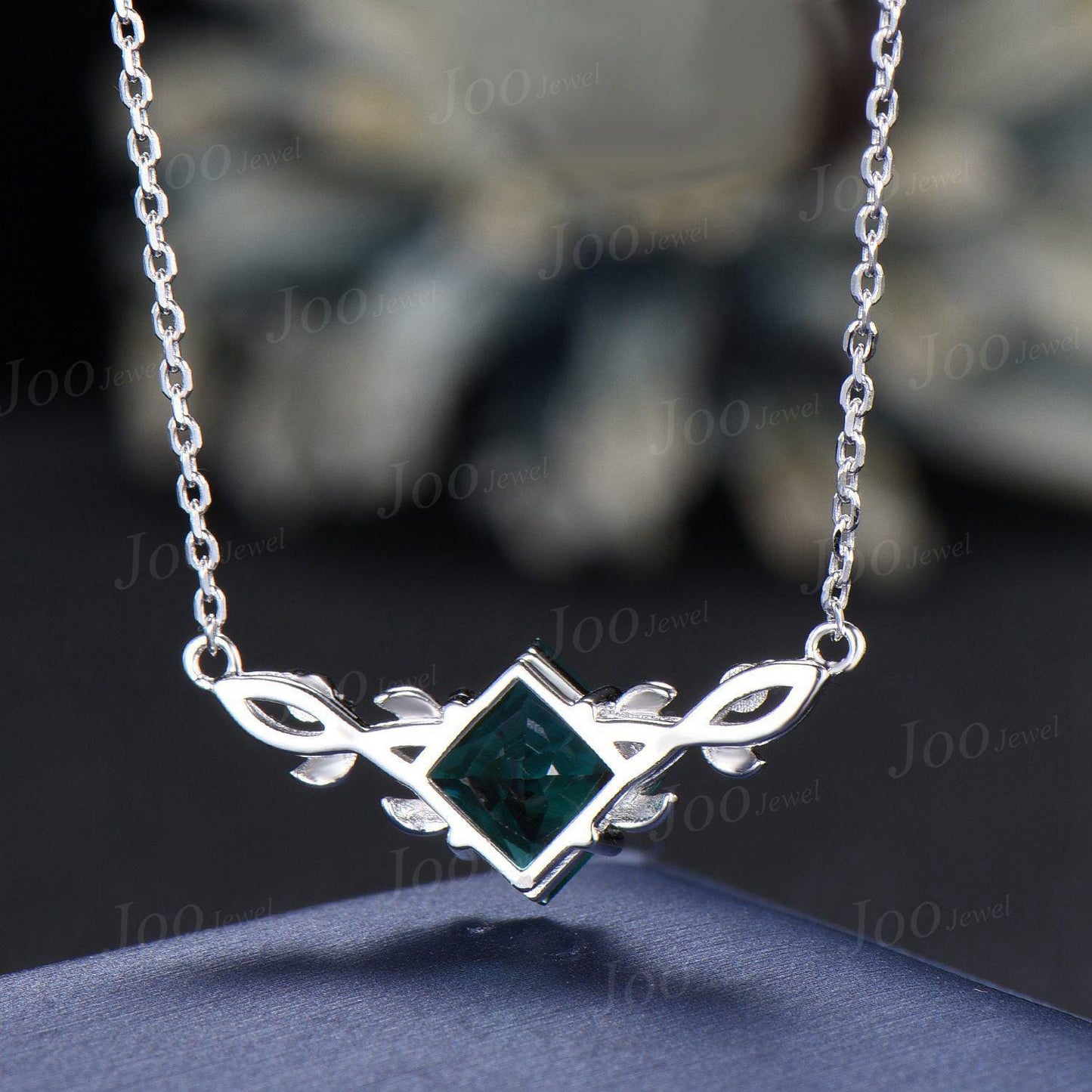 Princess Cut Green Emerald Necklace Solid 14K Rose Gold Three Stone Leaf Vine Nature Inspired Pendant Birthday Anniversary Gifts For Women