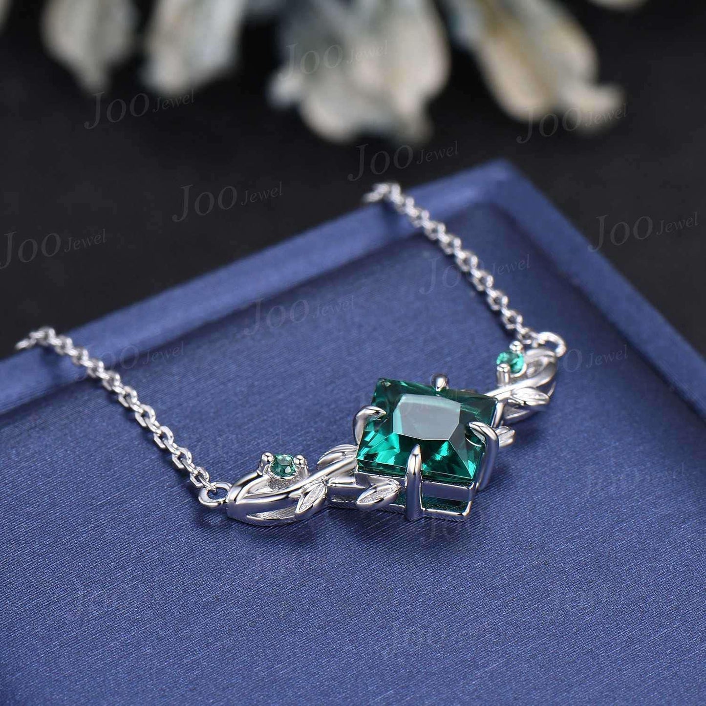 Princess Cut Green Emerald Necklace Solid 14K Rose Gold Three Stone Leaf Vine Nature Inspired Pendant Birthday Anniversary Gifts For Women