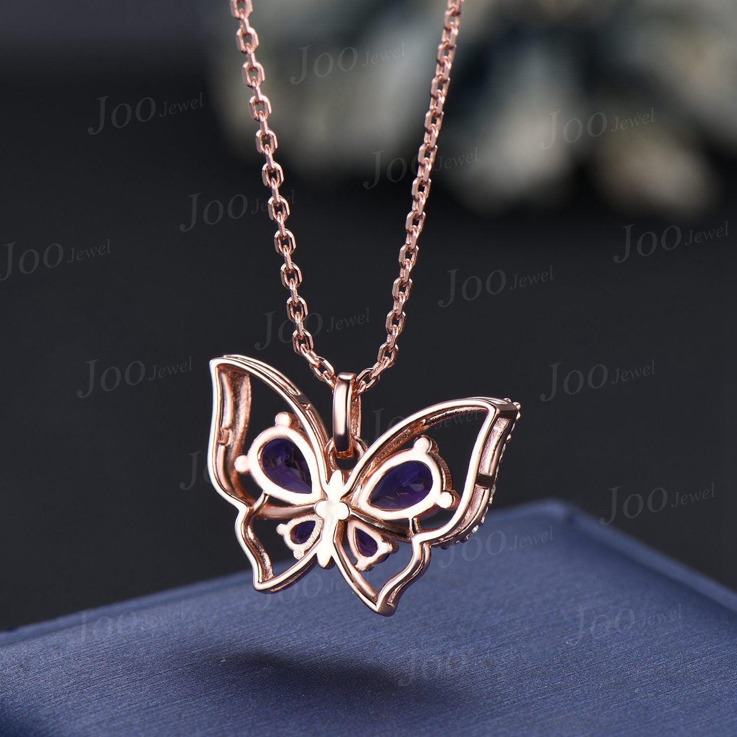 Teardrop Real Amethyst Butterfly Necklace Vintage 14K Rose Gold Vintage Purple Crystal Pendant Unique February Birthstone Gifts For Daughter