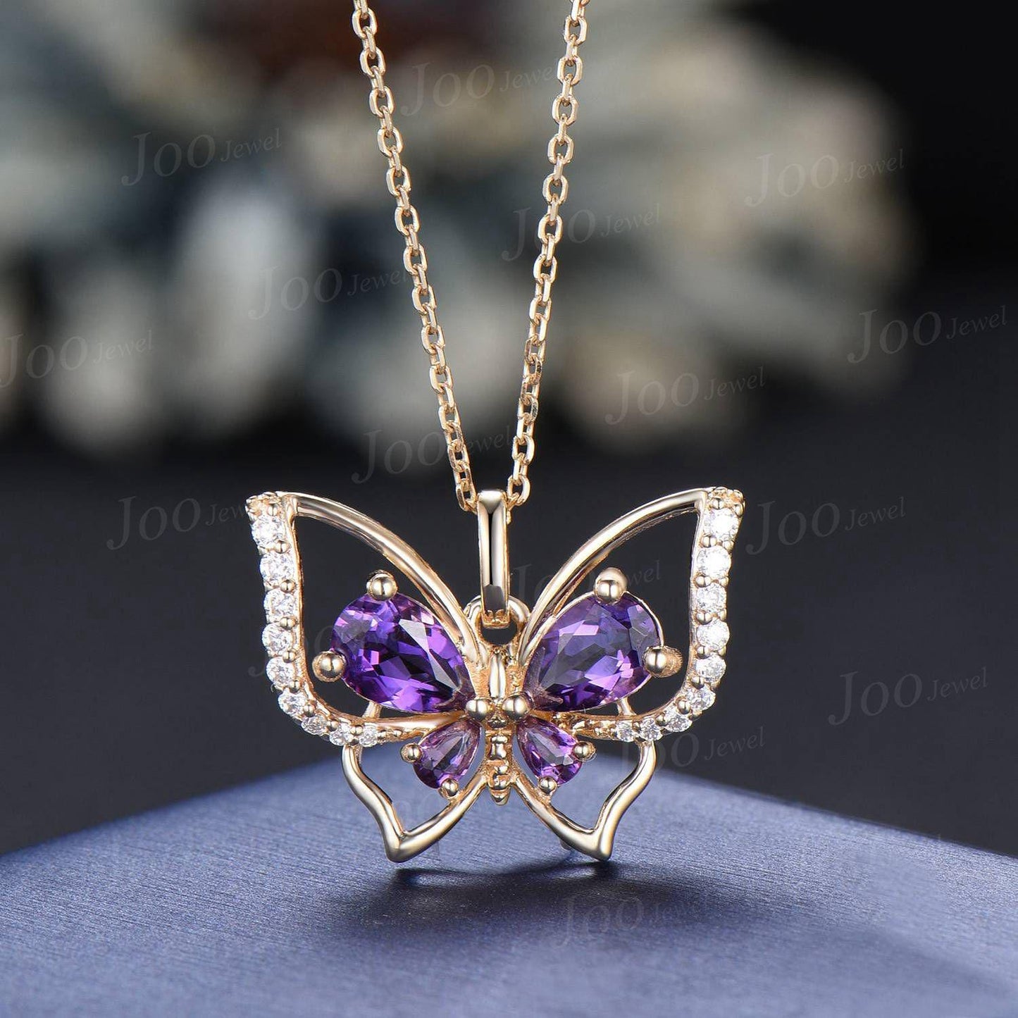 Teardrop Real Amethyst Butterfly Necklace Vintage 14K Rose Gold Vintage Purple Crystal Pendant Unique February Birthstone Gifts For Daughter