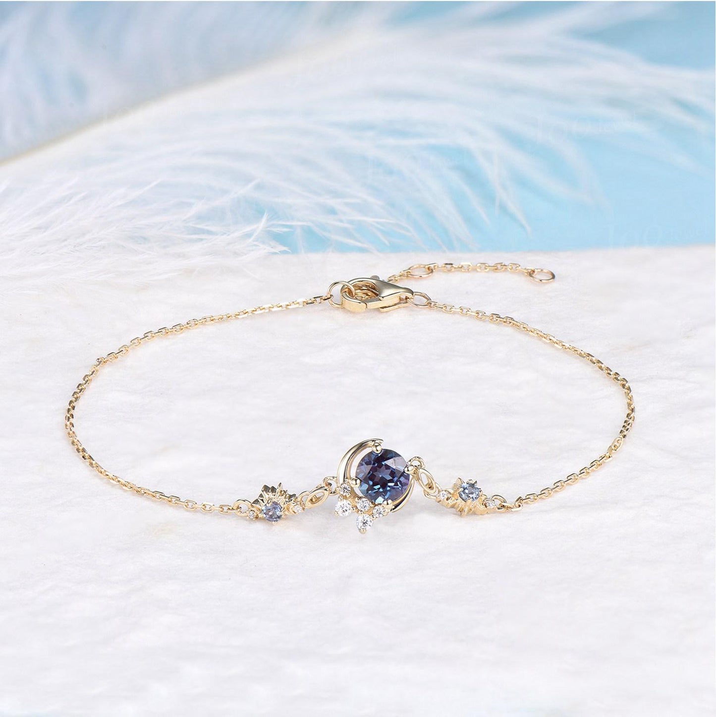 Sterling Silver Moon Sun Bracelet 5mm Round Cut Color-Change Alexandrite Charm Bracelets No Fading Adjustable Chain Wrist Bracelet for Women