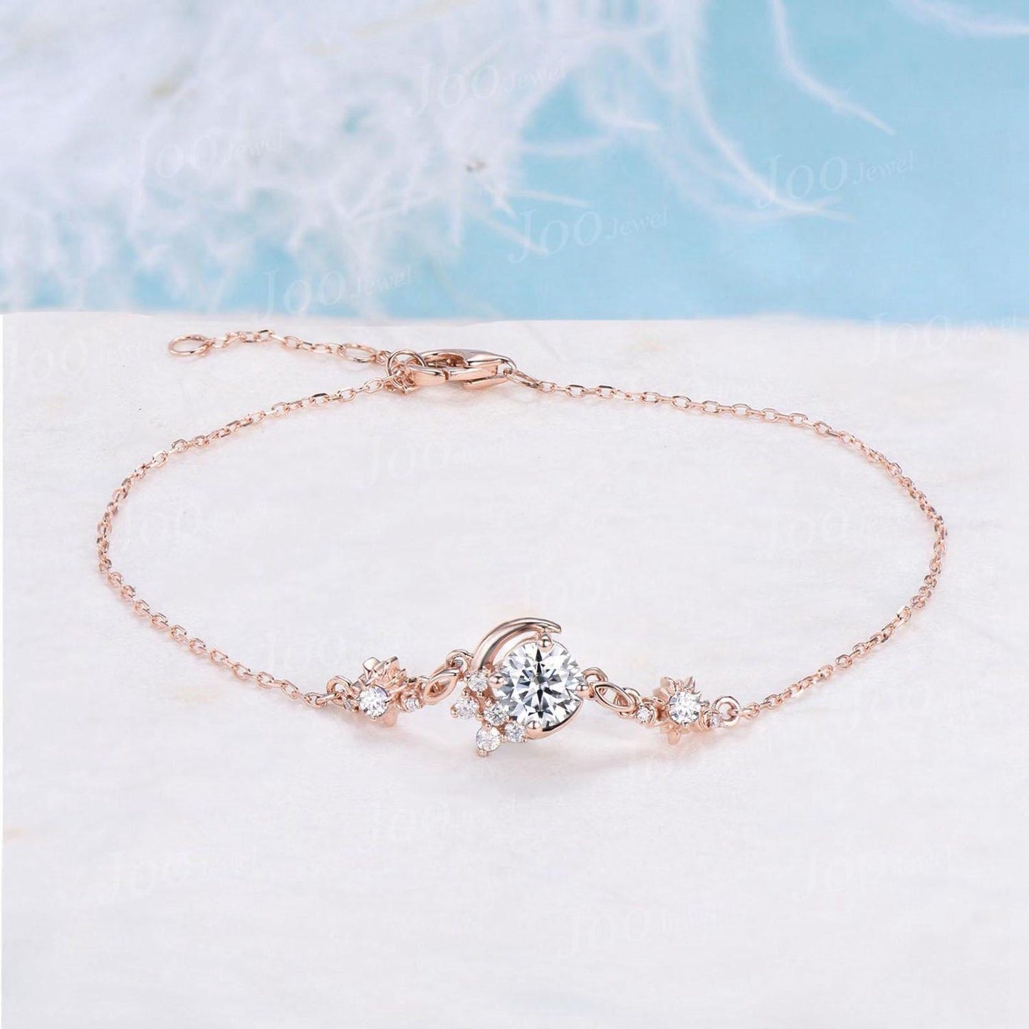 Sterling Silver Crescent Moon Bracelet 5mm Round Cut Moissanite Charm Bracelets Starburst Sun Adjustable Chain Bracelet for Women 7.5 inches