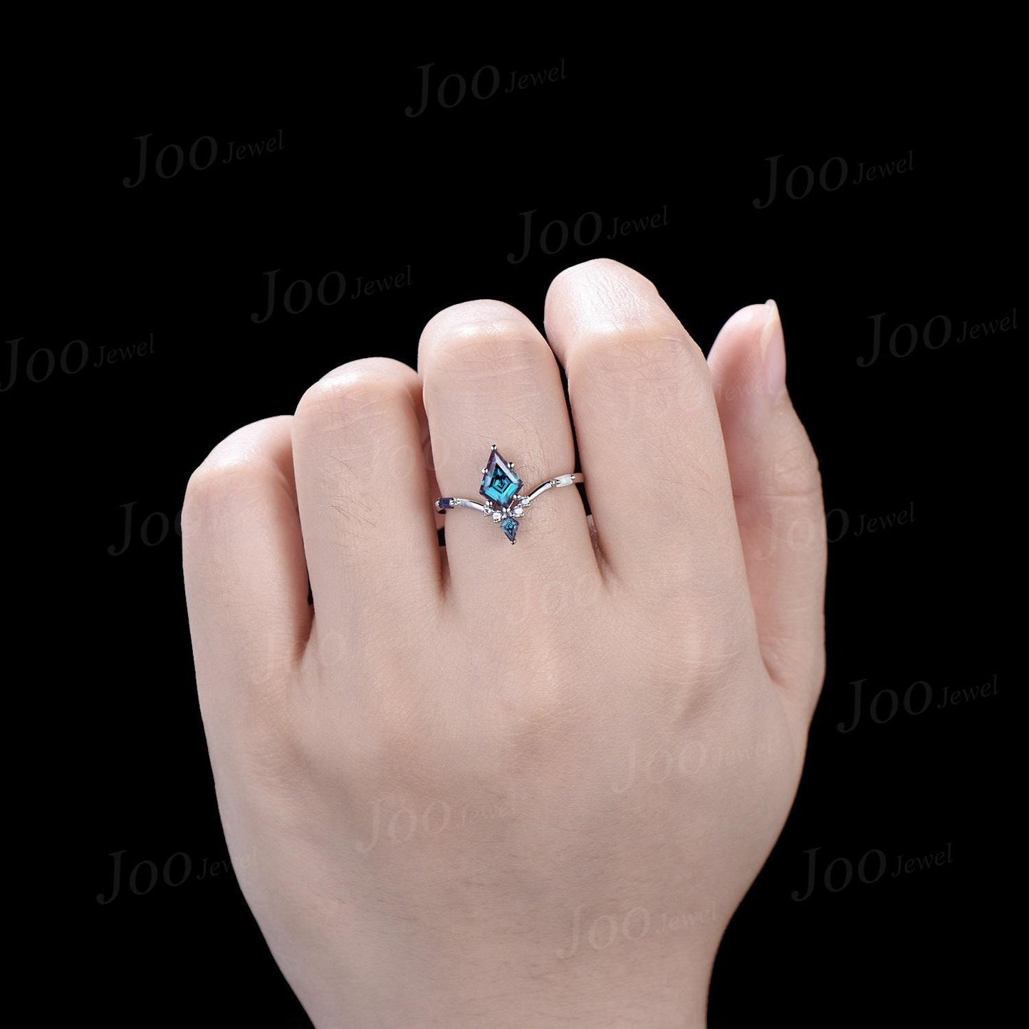 Art Deco Kite Alexandrite Ring Vintage 10K Rose Gold June Birthstone Wedding Ring Unique Color Change Gemstone Ring Anniversary Promise Gift