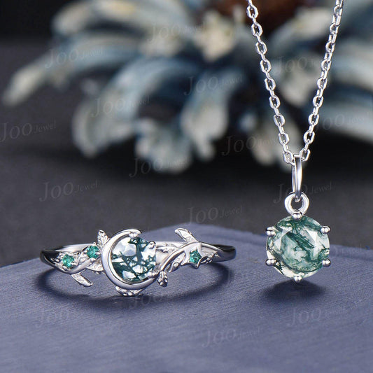 Round Cut Genuine Moss Agate Ring Necklace Set Sterling Silver Vintage Unique Best Friend Gift for Women/Girl Green Gemstone Healing Jewelry