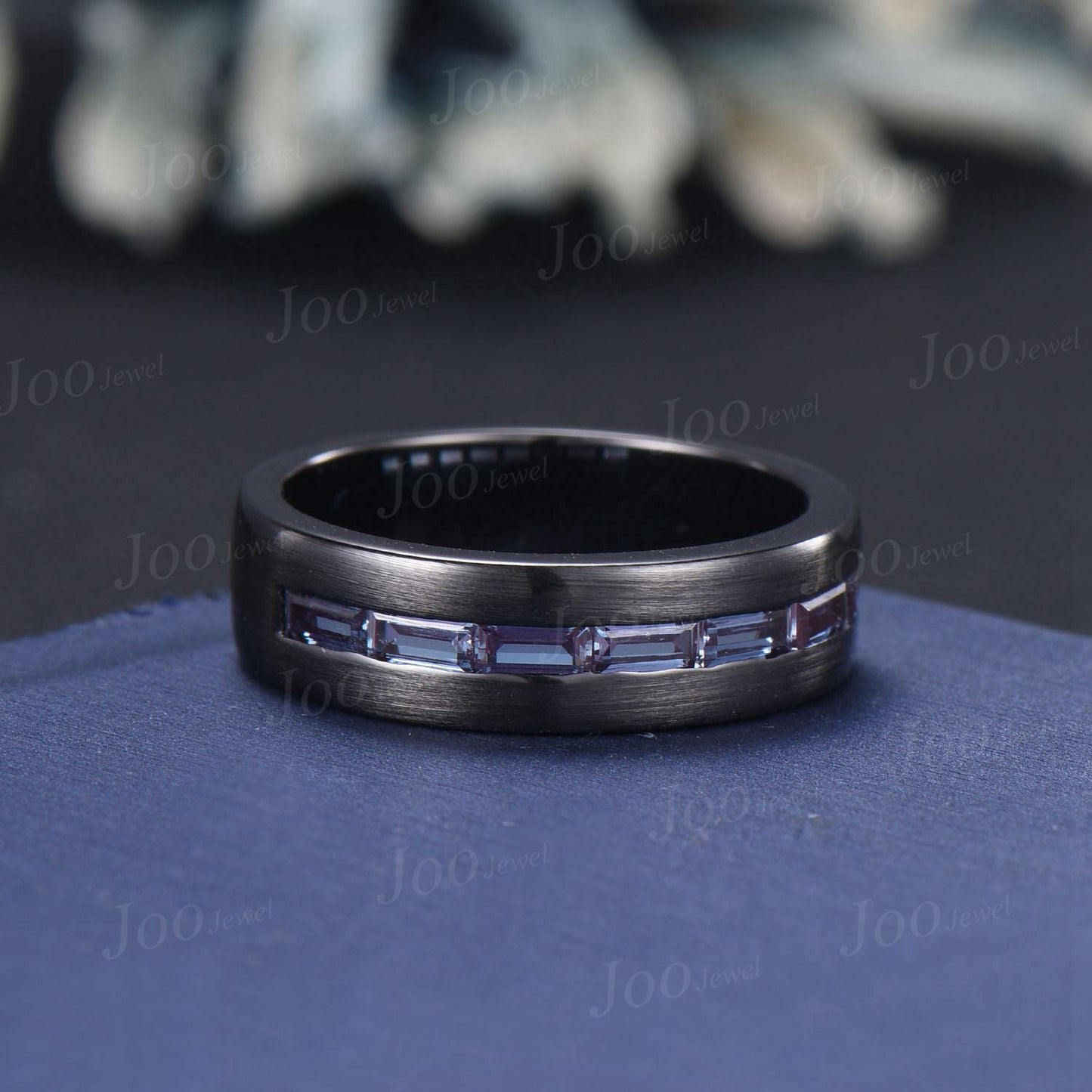 6mm Men Band Baguette Cut Color-Change Alexandrite Engagement Ring for Men Black Brushed Matte Finished Band Unique Marriage Promise Rings