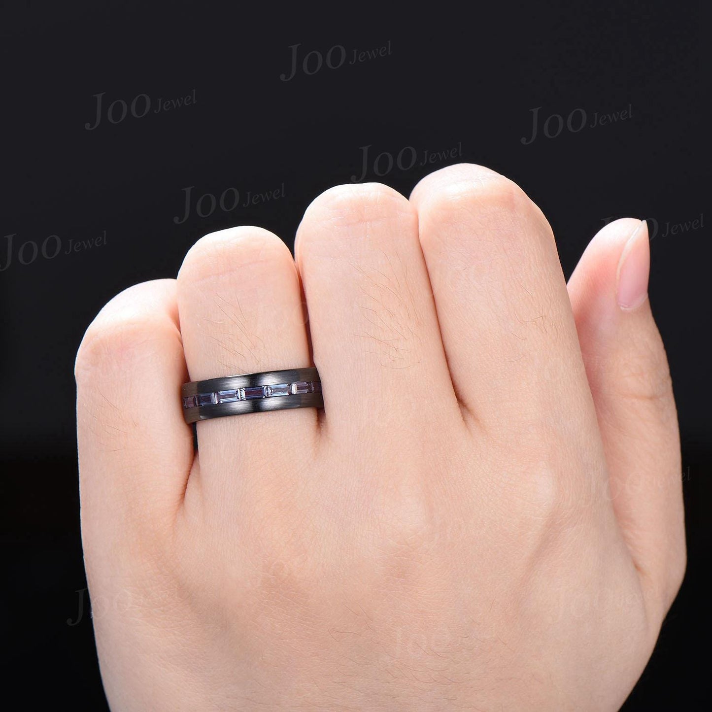 6mm Men Band Baguette Cut Color-Change Alexandrite Engagement Ring for Men Black Brushed Matte Finished Band Unique Marriage Promise Rings