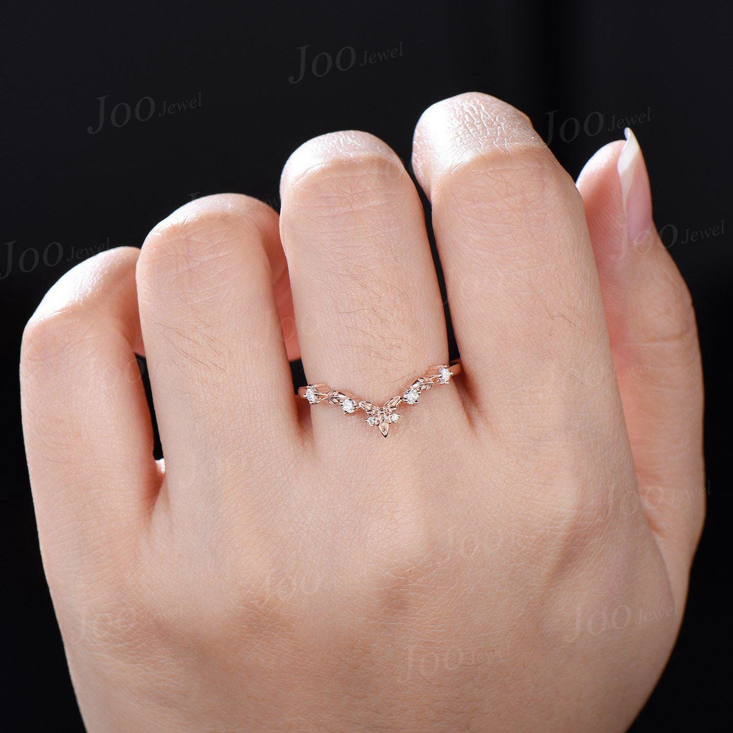 Nature Inspired Leaf Flower Moissanite Contour Wedding Band 14K Rose Gold Art Deco Vintage Twig Vine Matching Band Promise Rings for Women