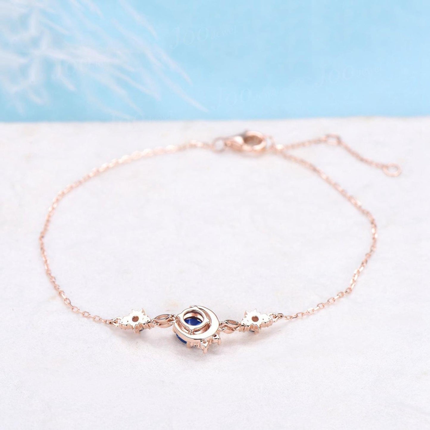 Crescent Moon Bracelet 14K Solid Rose Gold Round Blue Star Sapphire Charm Bracelet for Women Starburst Sun Blue Sapphire Gemstone Bracelet