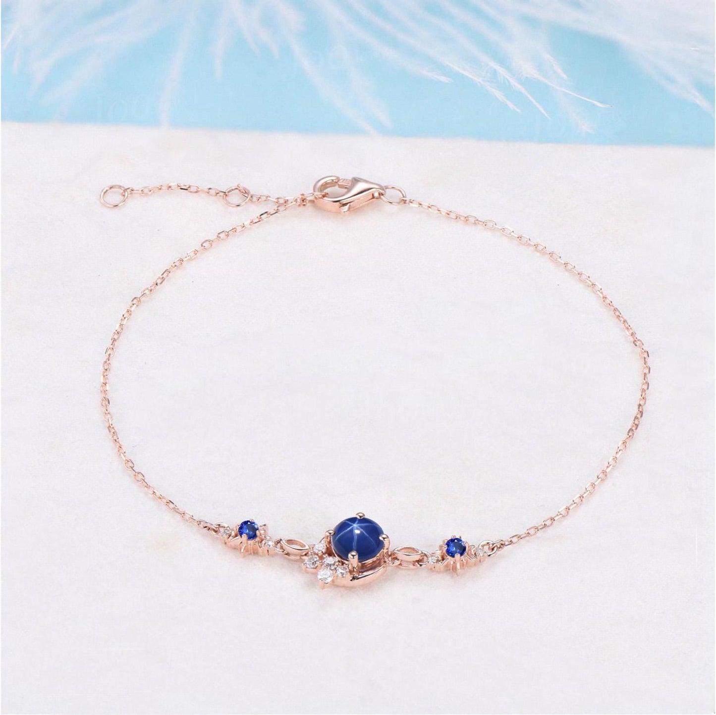 Crescent Moon Bracelet 14K Solid Rose Gold Round Blue Star Sapphire Charm Bracelet for Women Starburst Sun Blue Sapphire Gemstone Bracelet