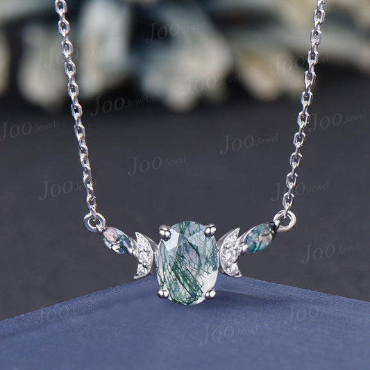 Oval Cut Natural Moss Agate Necklace Sterling Silver Green Gemstone Necklace Vintage Marquise Moss Agate Moissanite Crescent Moon Pendant