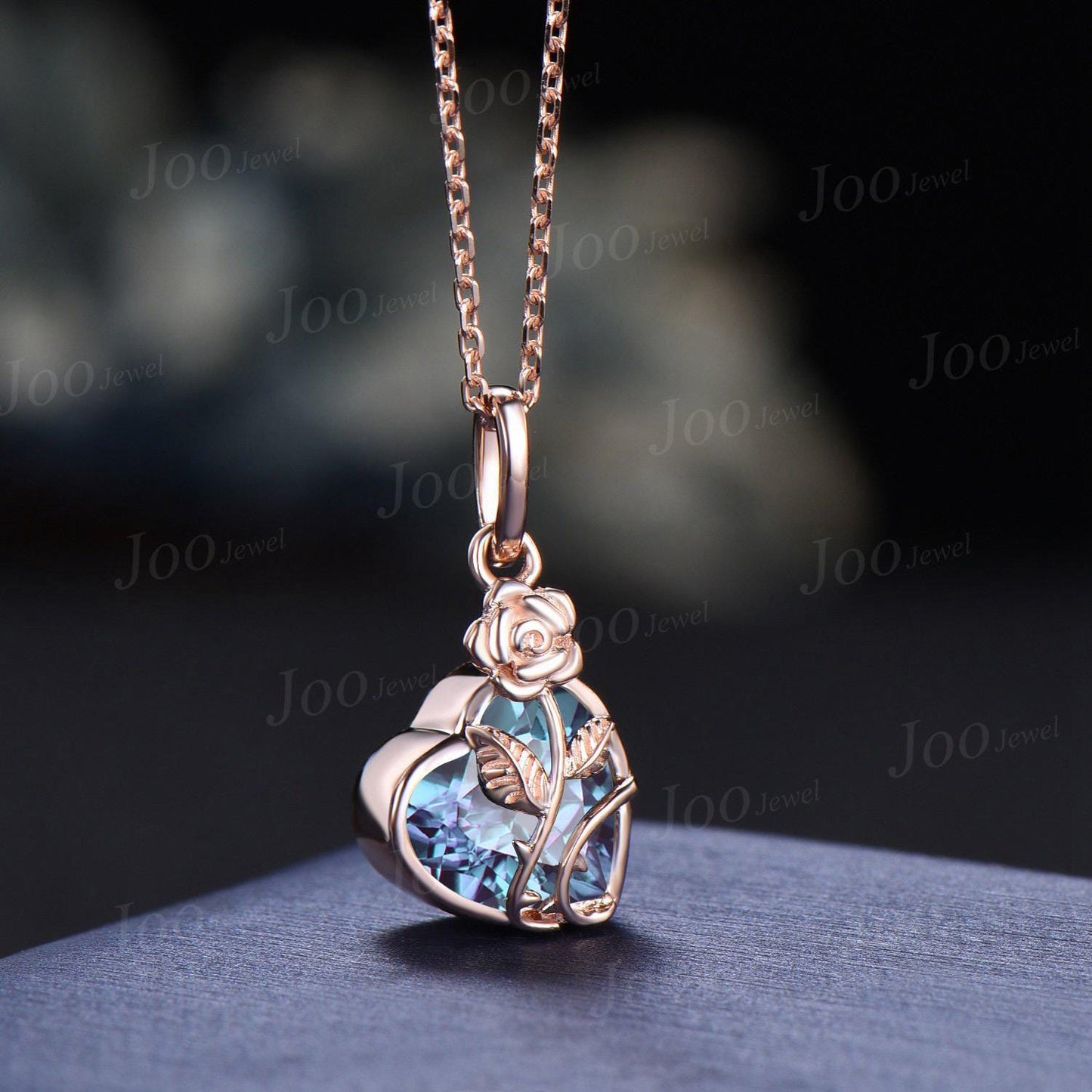 Heart Shape Color-Changing Alexandrite Bridal Drop Necklaces Rose Flower Pendant Necklace 14K Rose Gold Valentine's Day Floral Jewelry