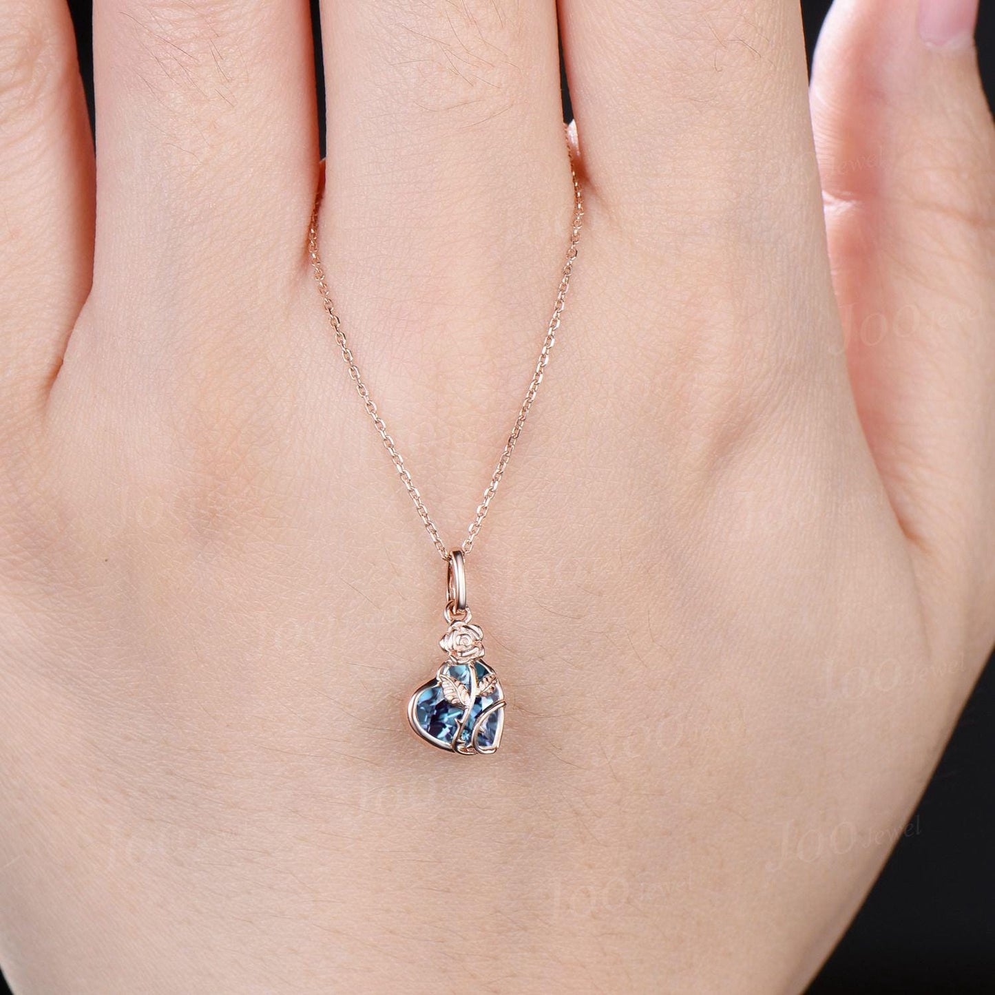 Heart Shape Color-Changing Alexandrite Bridal Drop Necklaces Rose Flower Pendant Necklace 14K Rose Gold Valentine's Day Floral Jewelry