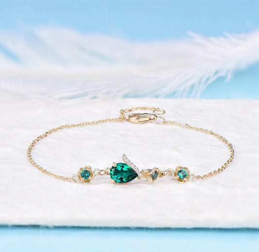 Sterling Silver Floral Flower Bracelet Teardrop Cut Emerald Moonstone Chain Bracelet Dainty Green Gemstone Charm Bracelet for Wedding Bridal