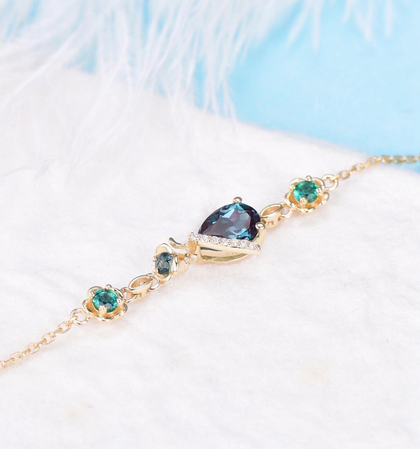 Rose Flower Bracelet 14K Yellow Gold Pear Cut Color-Change Alexandrite Emerald Bracelet Nature Inspired Floral Adjustable Bracelet for Women