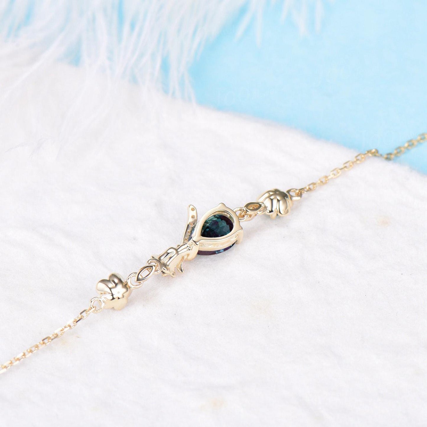 Rose Flower Bracelet 14K Yellow Gold Pear Cut Color-Change Alexandrite Emerald Bracelet Nature Inspired Floral Adjustable Bracelet for Women