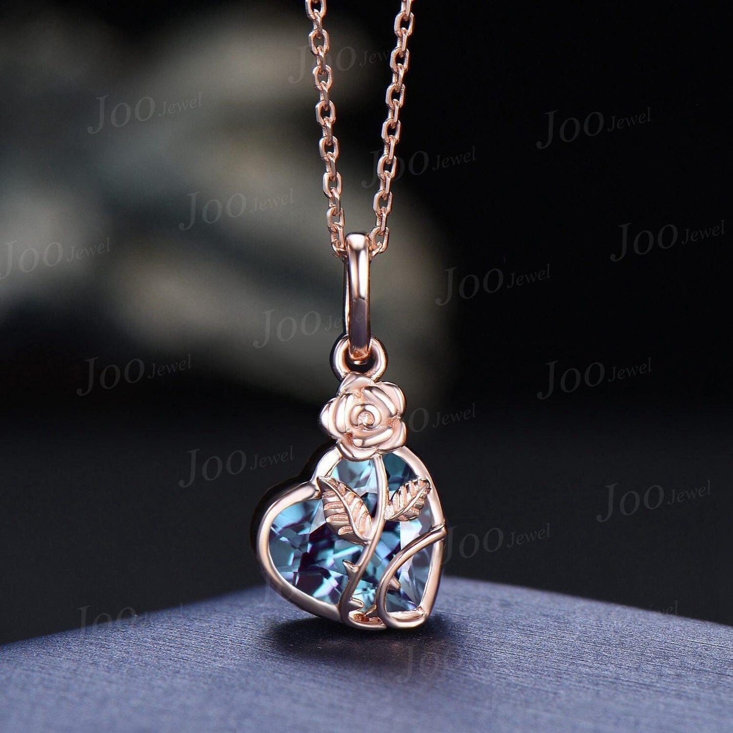 Heart Shape Color-Changing Alexandrite Bridal Drop Necklaces Rose Flower Pendant Necklace 14K Rose Gold Valentine's Day Floral Jewelry