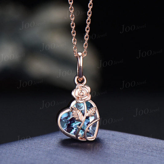 Heart Shape Color-Changing Alexandrite Bridal Drop Necklaces Rose Flower Pendant Necklace 14K Rose Gold Valentine's Day Floral Jewelry