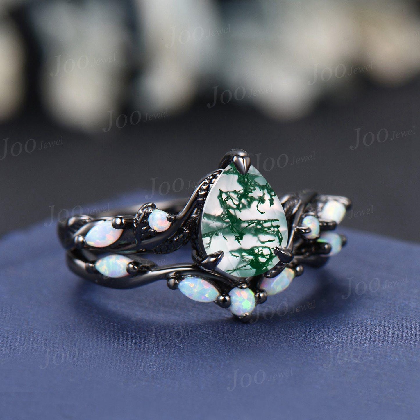1.25ct Pear Cut Genuine Moss Agate Opal Engagement Ring Set Black Wedding Ring for Women Twisted Twig Vine Branch Aquatic Agate Bridal Set