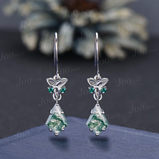 Celtic Trinity Knot Genuine Moss Agate Emerald Hook Drop Earrings Kite Cut Aquatic Agate Earrings Silver Gemstone Dangle Earrings for Women