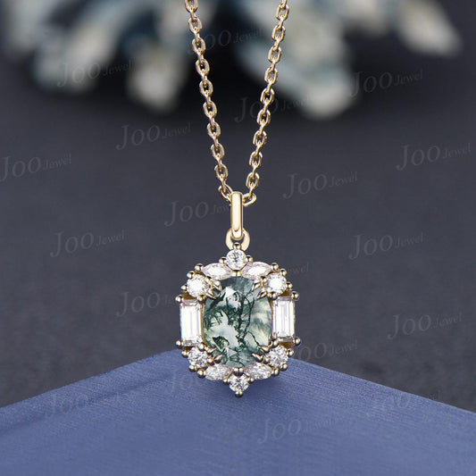 Oval Natural Moss Agate Pendant Necklace Vintage 14K Gold Necklace Art Deco Halo Moss Agate Jewelry Luxury Birthday Anniversary Gifts