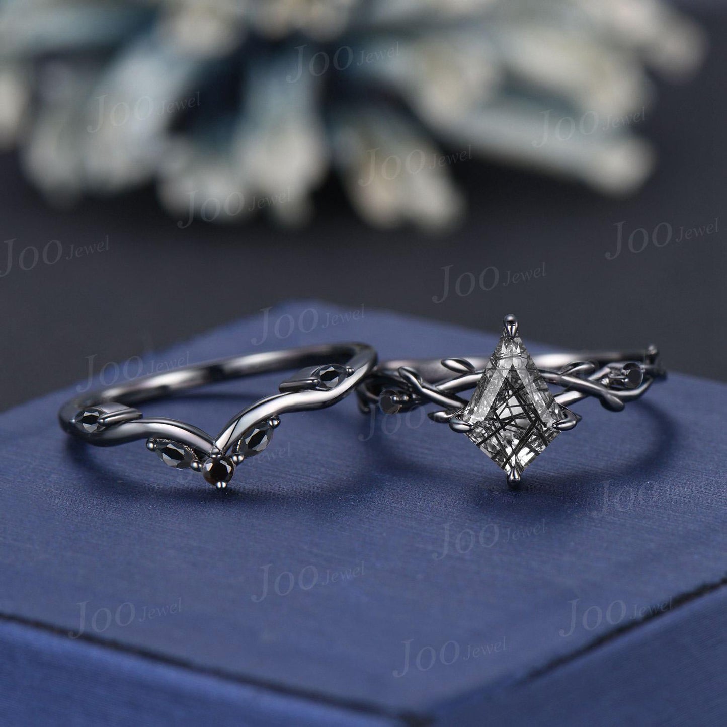 Antique Kite Cut Natural Black Rutilated Quartz Engagement Ring Set Twig Vine Black Onyx Wedding Ring Kite Bridal Set Gothic Black Ring Set