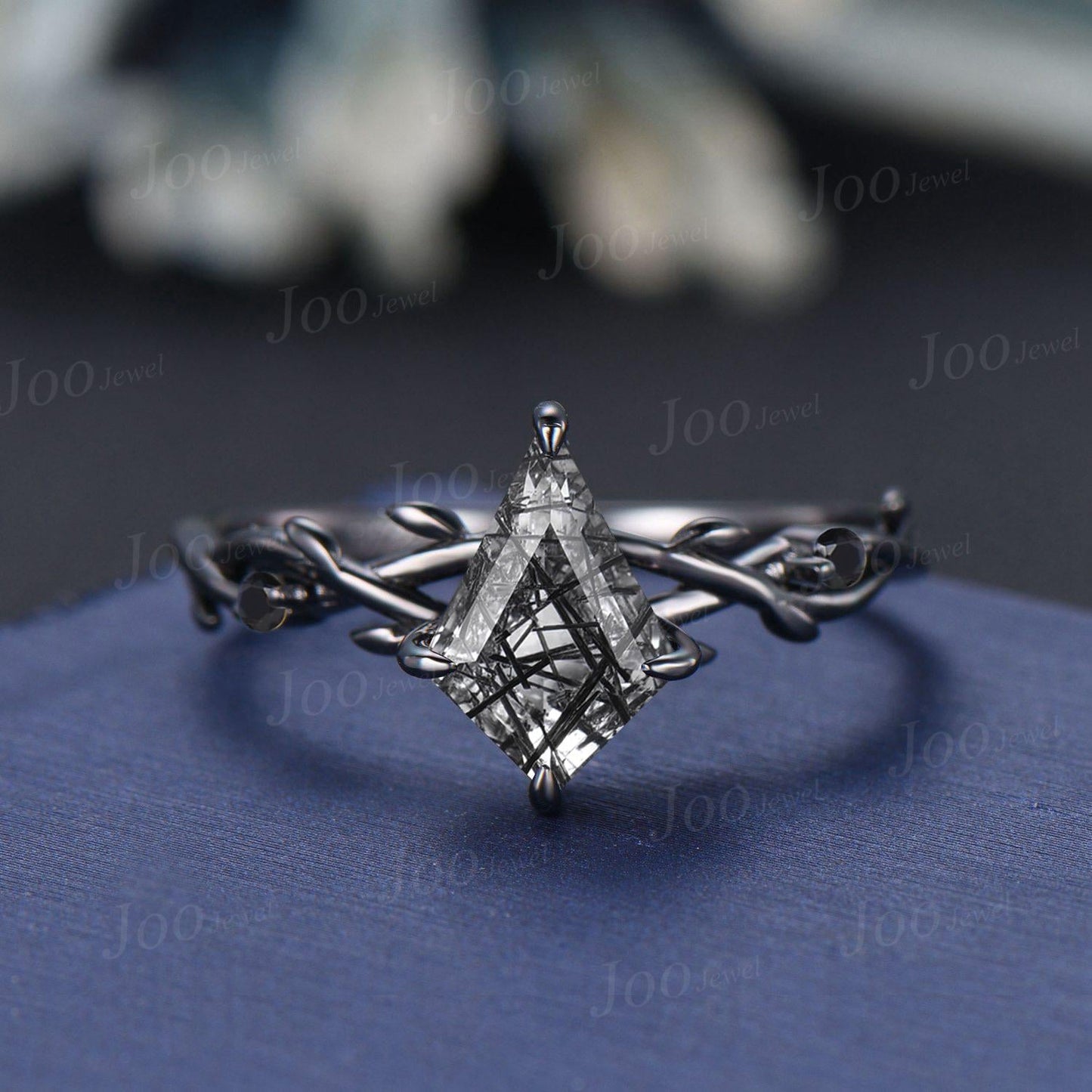 Antique Kite Cut Natural Black Rutilated Quartz Engagement Ring Set Twig Vine Black Onyx Wedding Ring Kite Bridal Set Gothic Black Ring Set