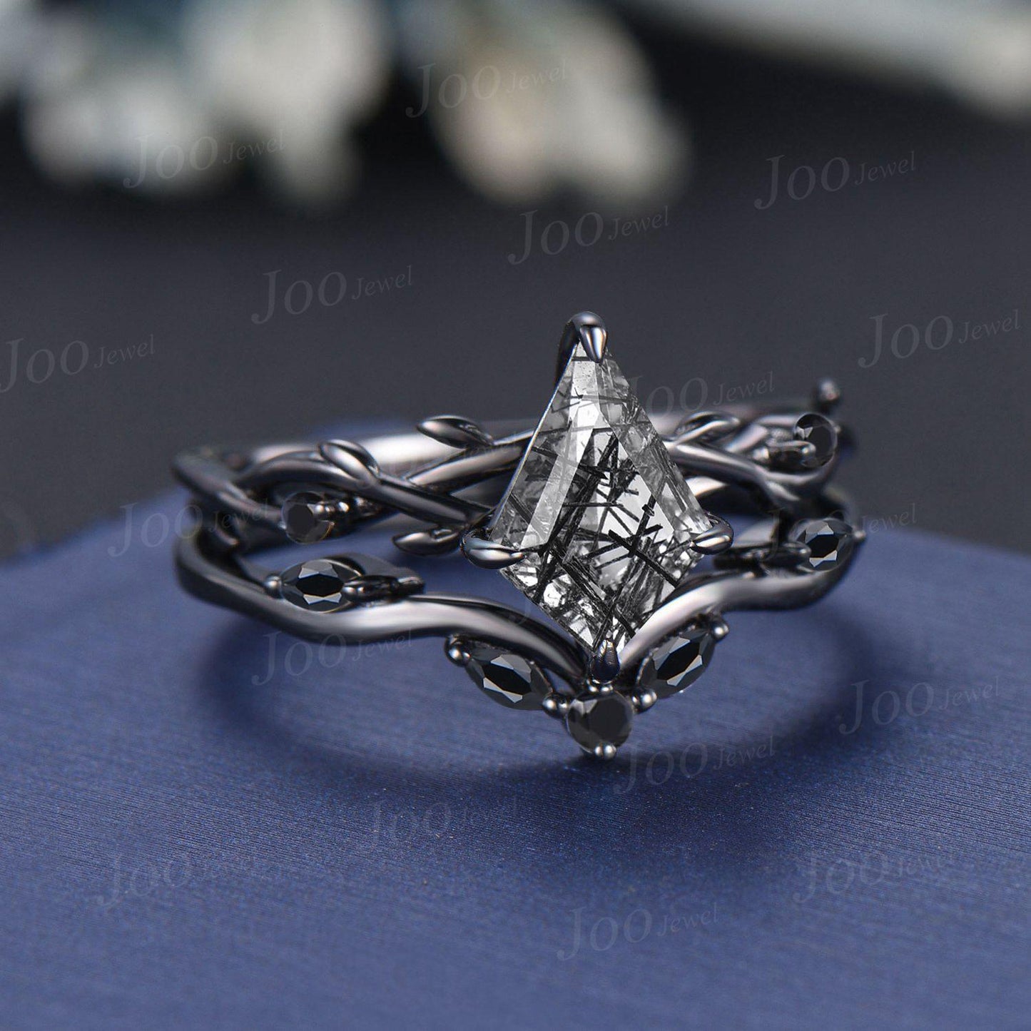 Antique Kite Cut Natural Black Rutilated Quartz Engagement Ring Set Twig Vine Black Onyx Wedding Ring Kite Bridal Set Gothic Black Ring Set