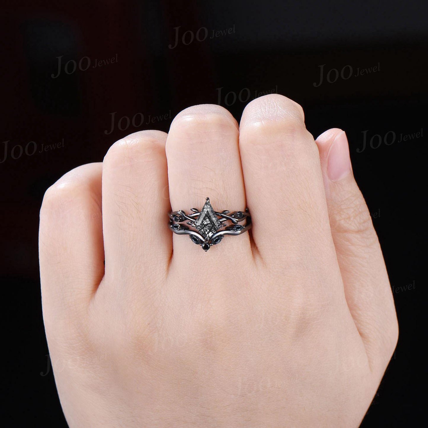 Antique Kite Cut Natural Black Rutilated Quartz Engagement Ring Set Twig Vine Black Onyx Wedding Ring Kite Bridal Set Gothic Black Ring Set
