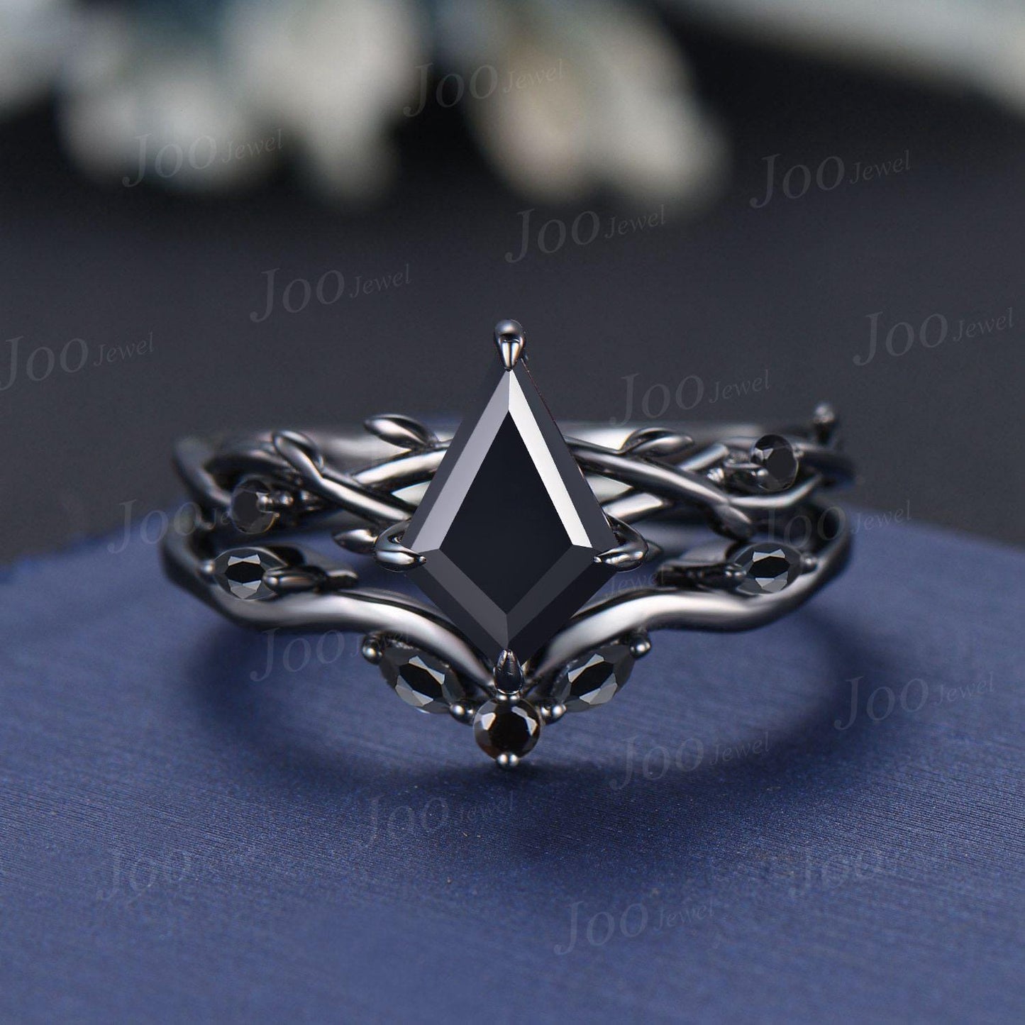 Natural Genuine Black Onyx Ring for Women Vintage Kite Cut Bridal Set Gothic Antique Dainty Ring Black Engagement Ring Healing Gemstone Ring