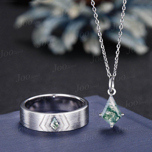 Kite Genuine Moss Agate Men Band Necklace Set Sterling Silver Vintage Unique Valentine's Day Gift for Couple Green Gemstone Healing Jewelry