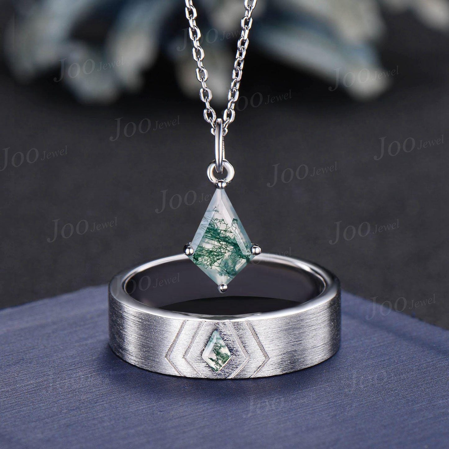 Kite Genuine Moss Agate Men Band Necklace Set Sterling Silver Vintage Unique Valentine's Day Gift for Couple Green Gemstone Healing Jewelry