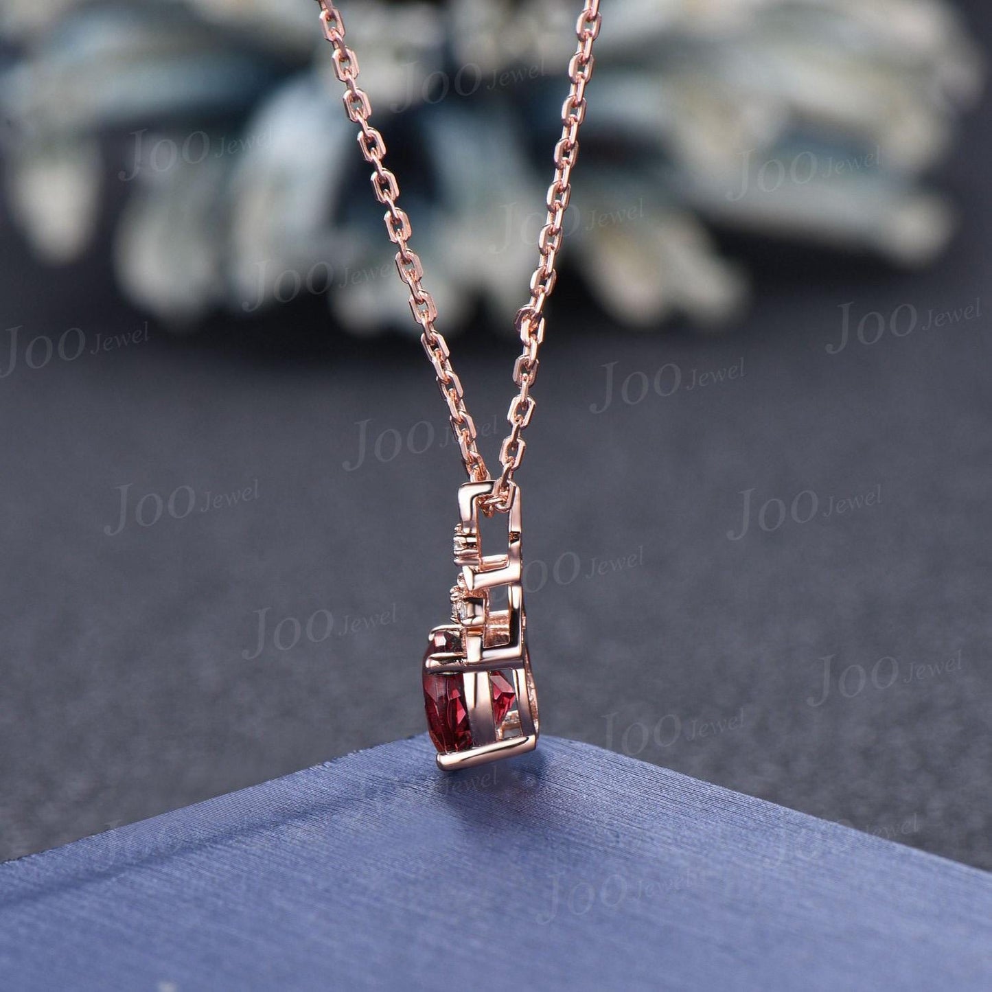 Round Cut Ruby Necklace Leaf Flower Pendant Vintage Red Gemstone Jewelry Unique July Birthstone Birthday/Valentine's Day Gifts for Women