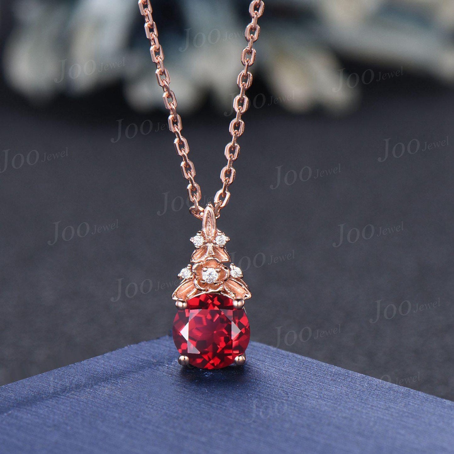 Round Cut Ruby Necklace Leaf Flower Pendant Vintage Red Gemstone Jewelry Unique July Birthstone Birthday/Valentine's Day Gifts for Women