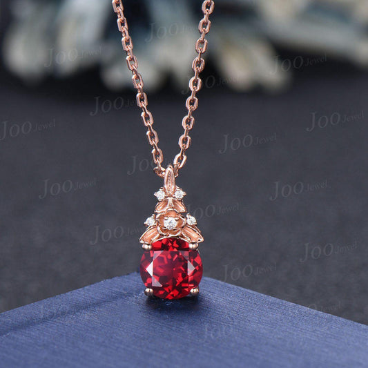 Round Cut Ruby Necklace Leaf Flower Pendant Vintage Red Gemstone Jewelry Unique July Birthstone Birthday/Valentine's Day Gifts for Women