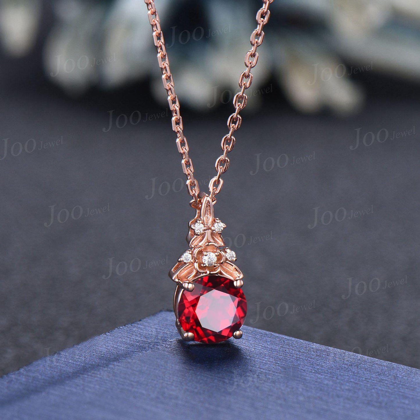 Round Cut Ruby Necklace Leaf Flower Pendant Vintage Red Gemstone Jewelry Unique July Birthstone Birthday/Valentine's Day Gifts for Women