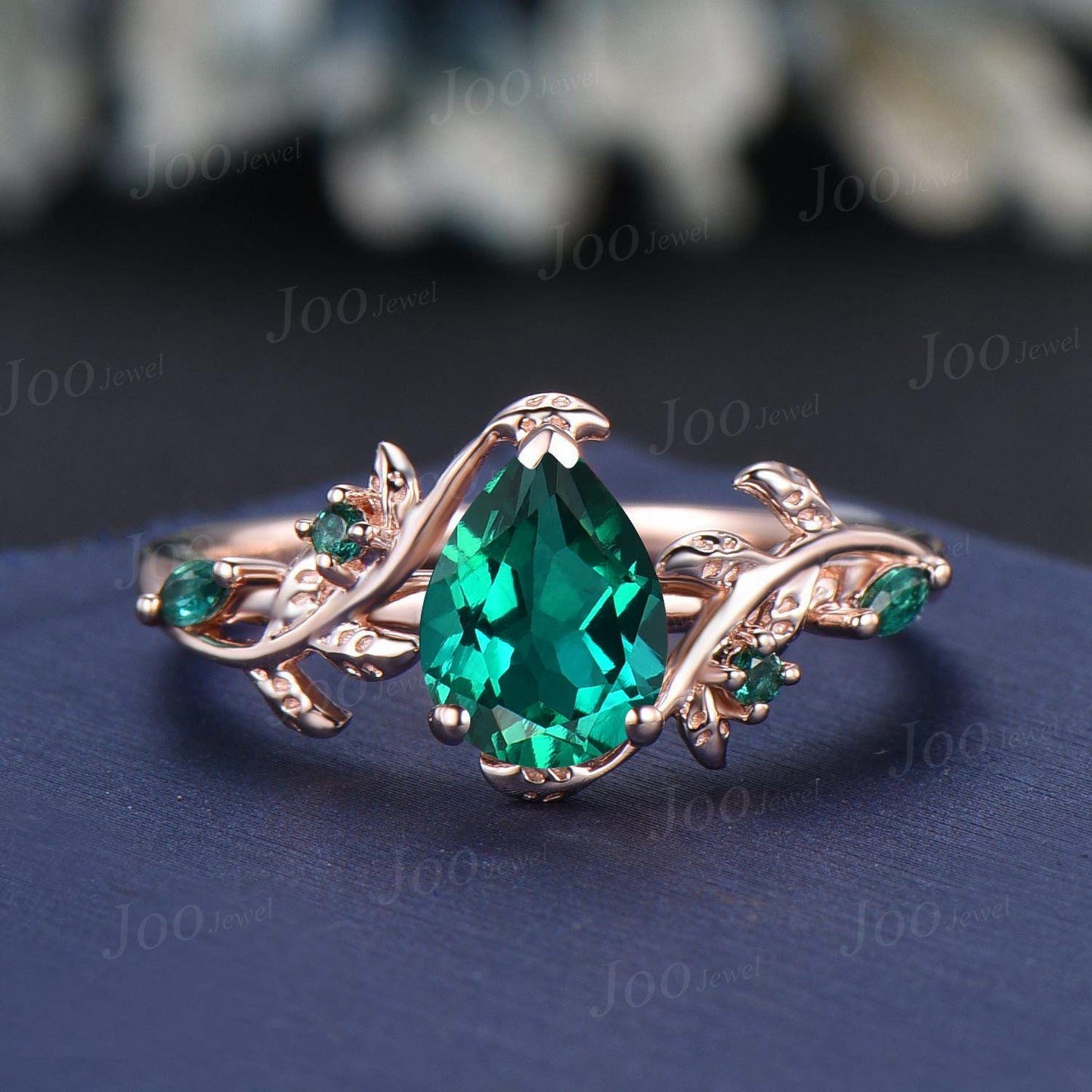 Vintage Pear Cut Green Emerald Engagement Ring Black Gold Twig Leaf Emerald Wedding Ring Nature Inspired Ring Black Bridal Promise Ring Set
