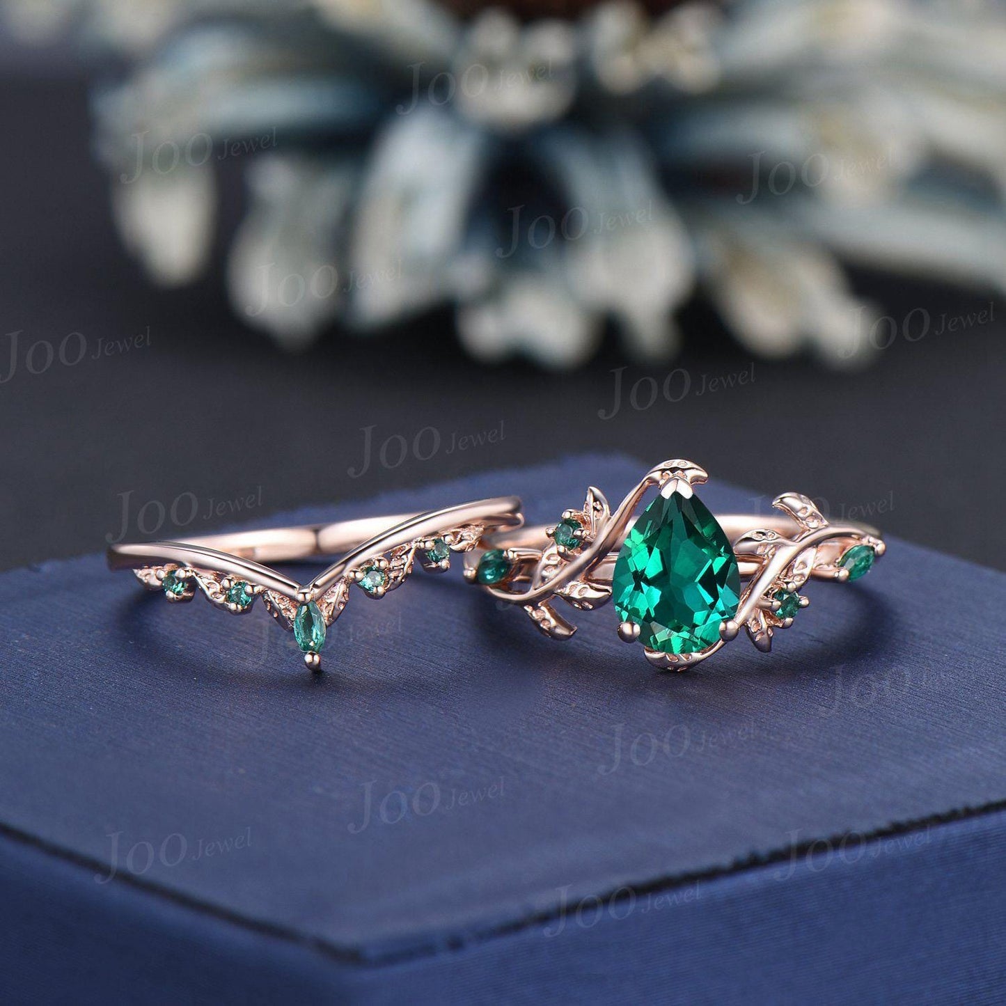 Vintage Pear Cut Green Emerald Engagement Ring Black Gold Twig Leaf Emerald Wedding Ring Nature Inspired Ring Black Bridal Promise Ring Set