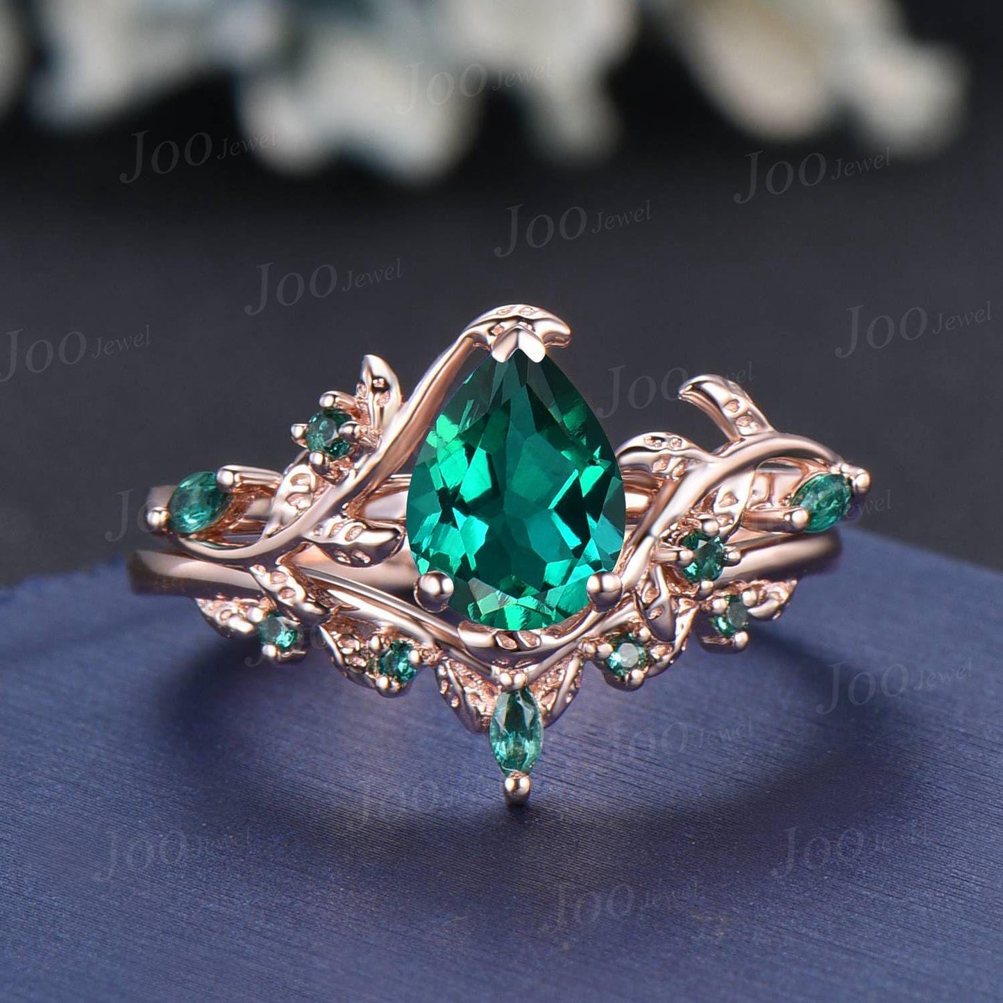 Vintage Pear Cut Green Emerald Engagement Ring Black Gold Twig Leaf Emerald Wedding Ring Nature Inspired Ring Black Bridal Promise Ring Set