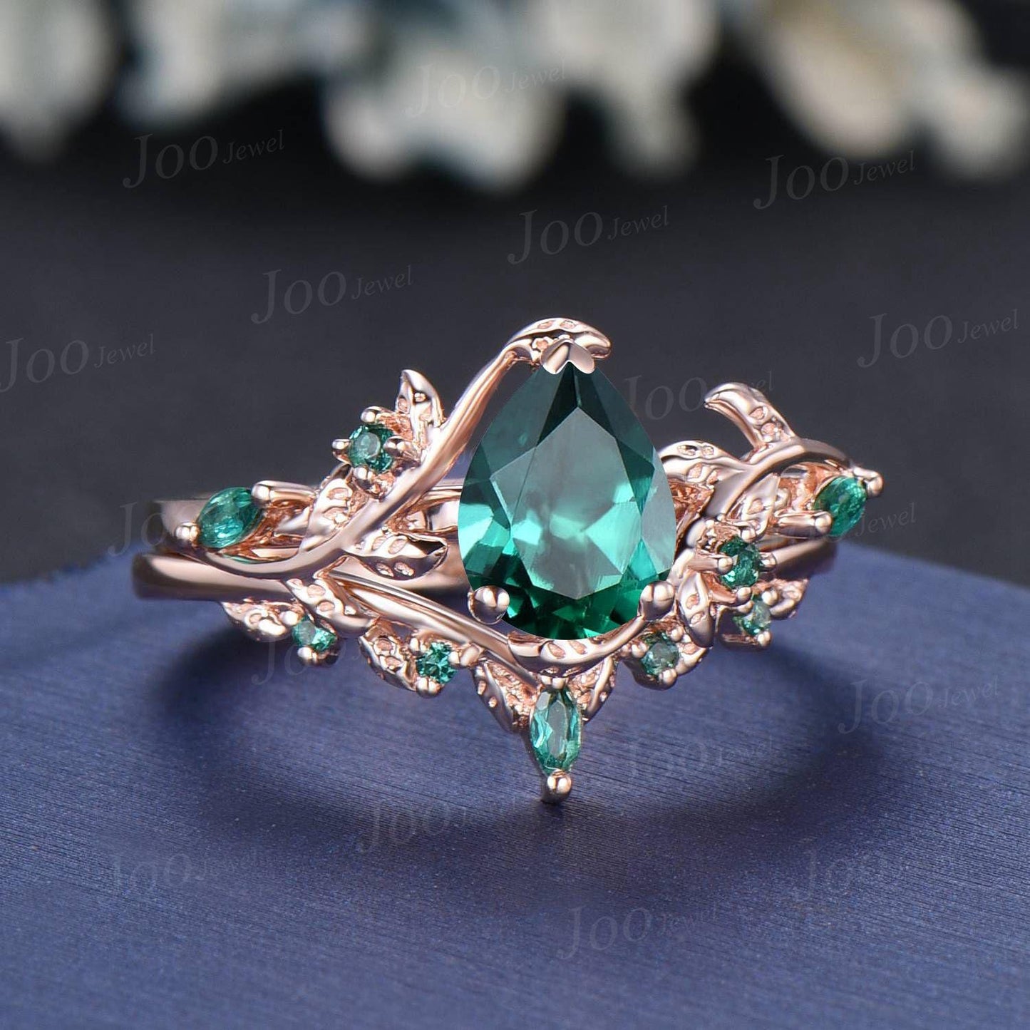 Vintage Pear Cut Green Emerald Engagement Ring Black Gold Twig Leaf Emerald Wedding Ring Nature Inspired Ring Black Bridal Promise Ring Set
