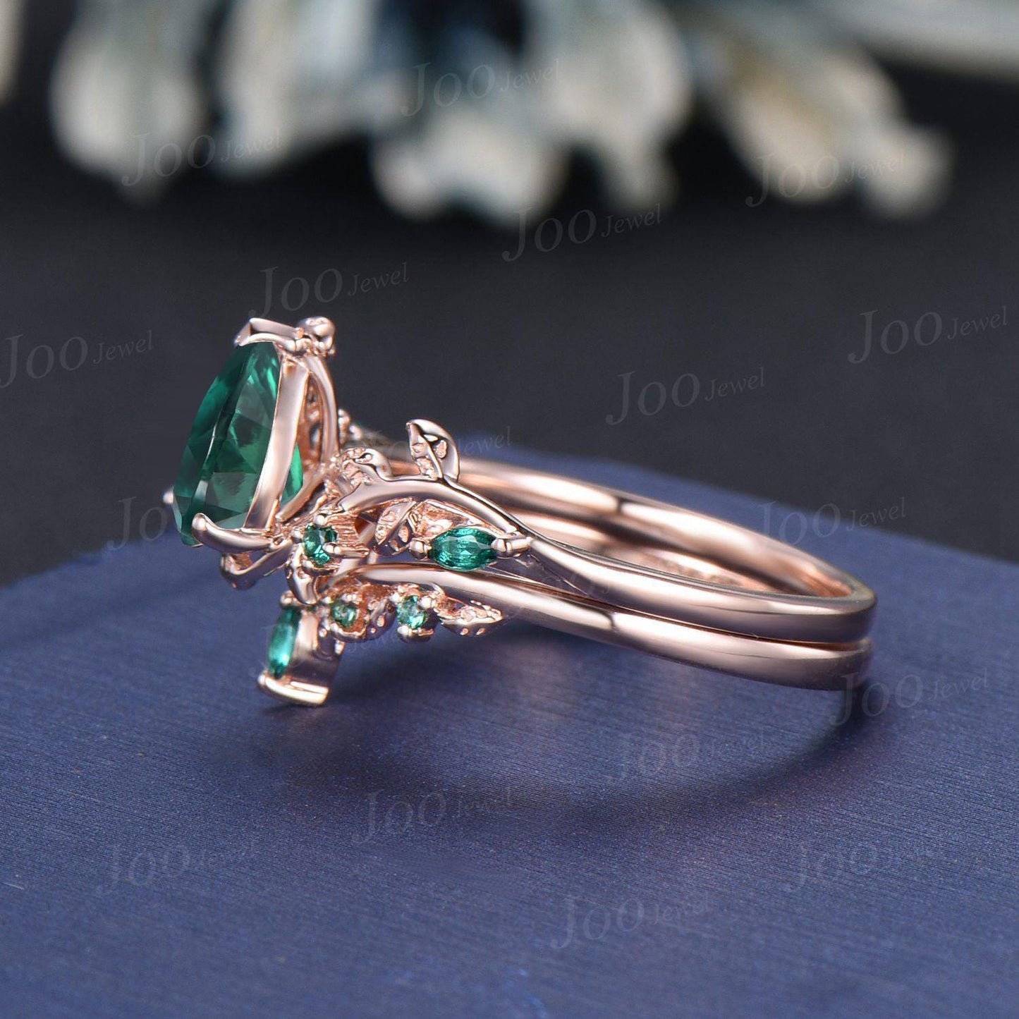 Vintage Pear Cut Green Emerald Engagement Ring Black Gold Twig Leaf Emerald Wedding Ring Nature Inspired Ring Black Bridal Promise Ring Set