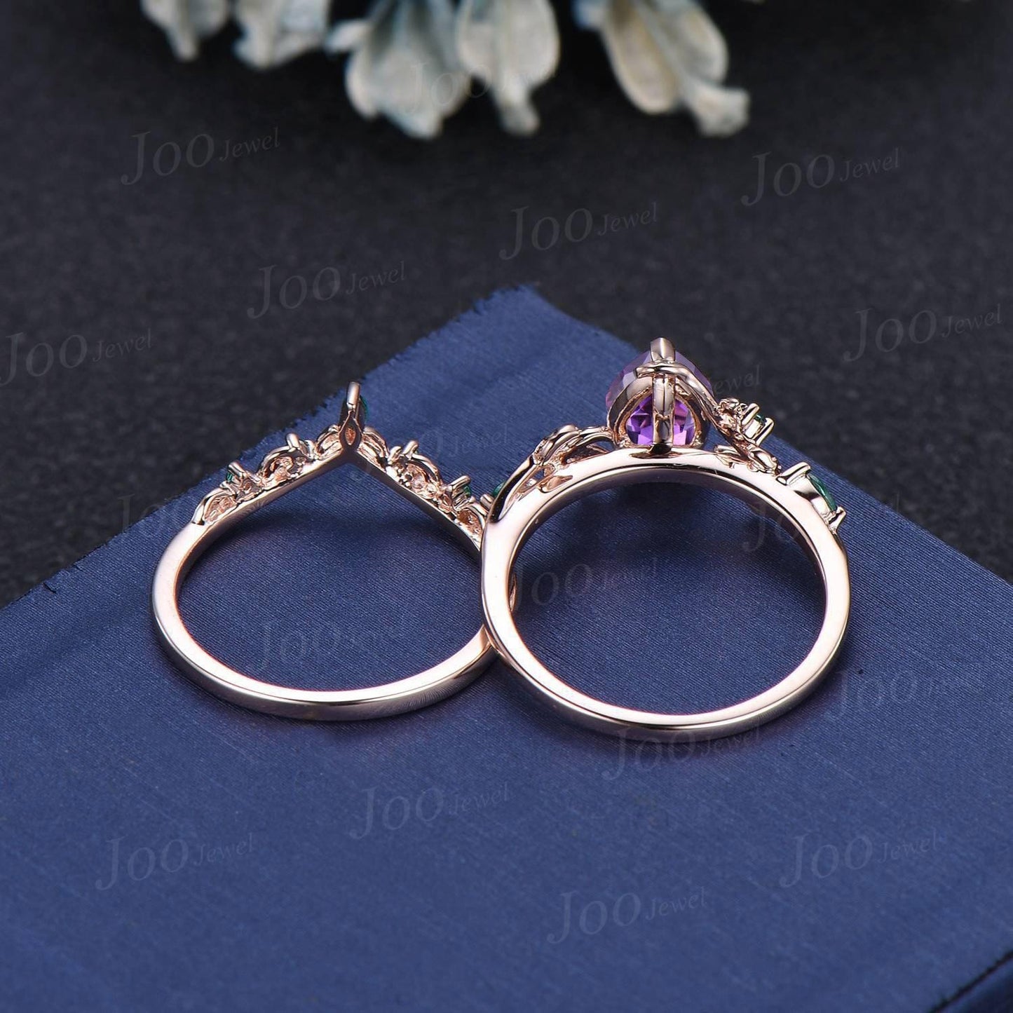 Nature Inspired Flower Genuine Amethyst Ring Set Vintage 14K Black Gold Leaf Branch Bridal Set Pear Wedding Ring February Birthstone Gifts