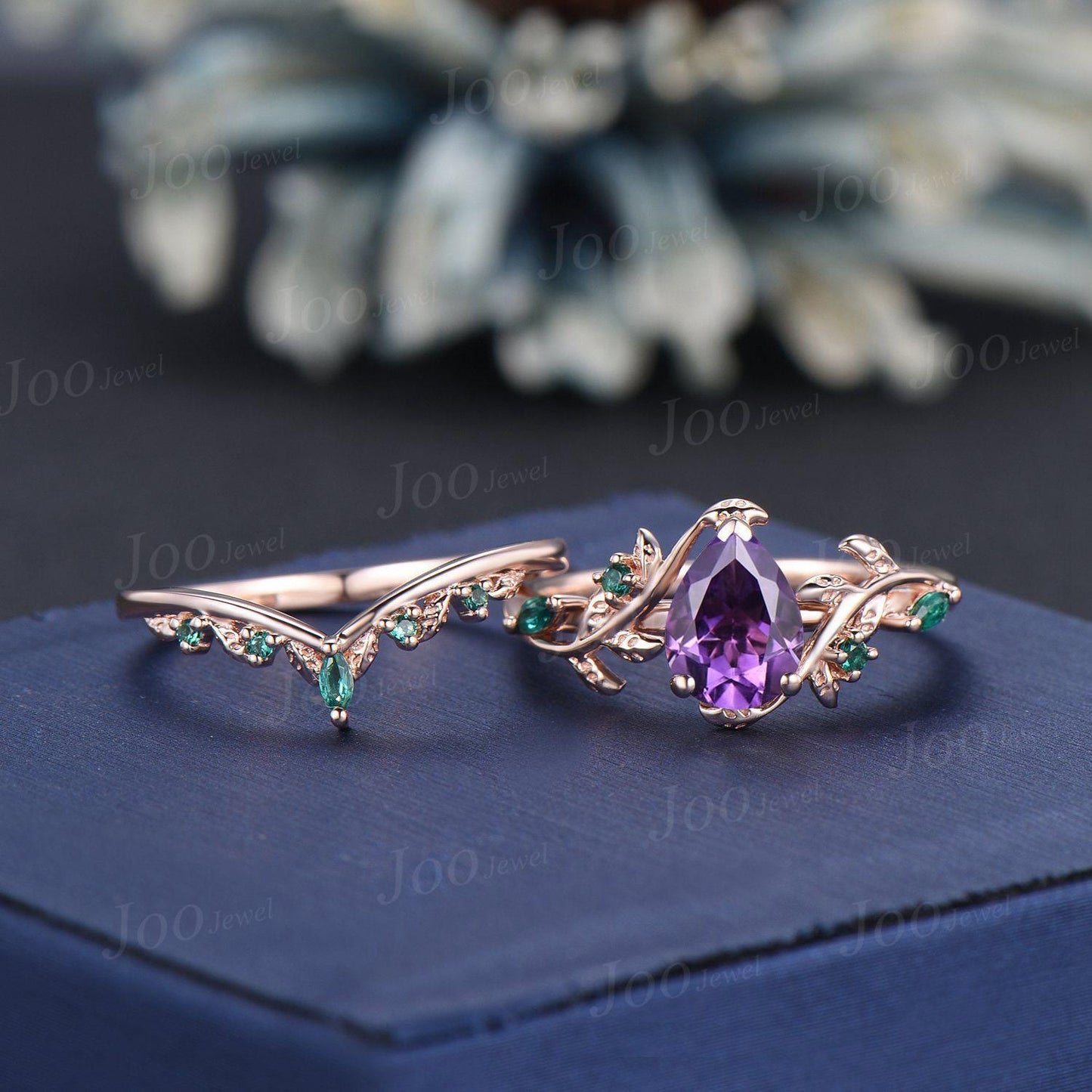 Nature Inspired Flower Genuine Amethyst Ring Set Vintage 14K Black Gold Leaf Branch Bridal Set Pear Wedding Ring February Birthstone Gifts