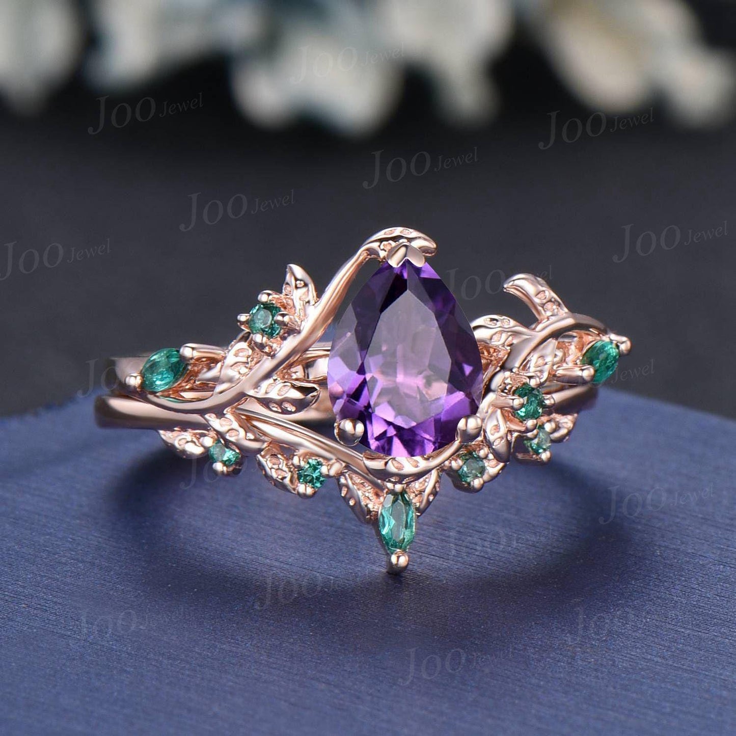 Nature Inspired Flower Genuine Amethyst Ring Set Vintage 14K Black Gold Leaf Branch Bridal Set Pear Wedding Ring February Birthstone Gifts