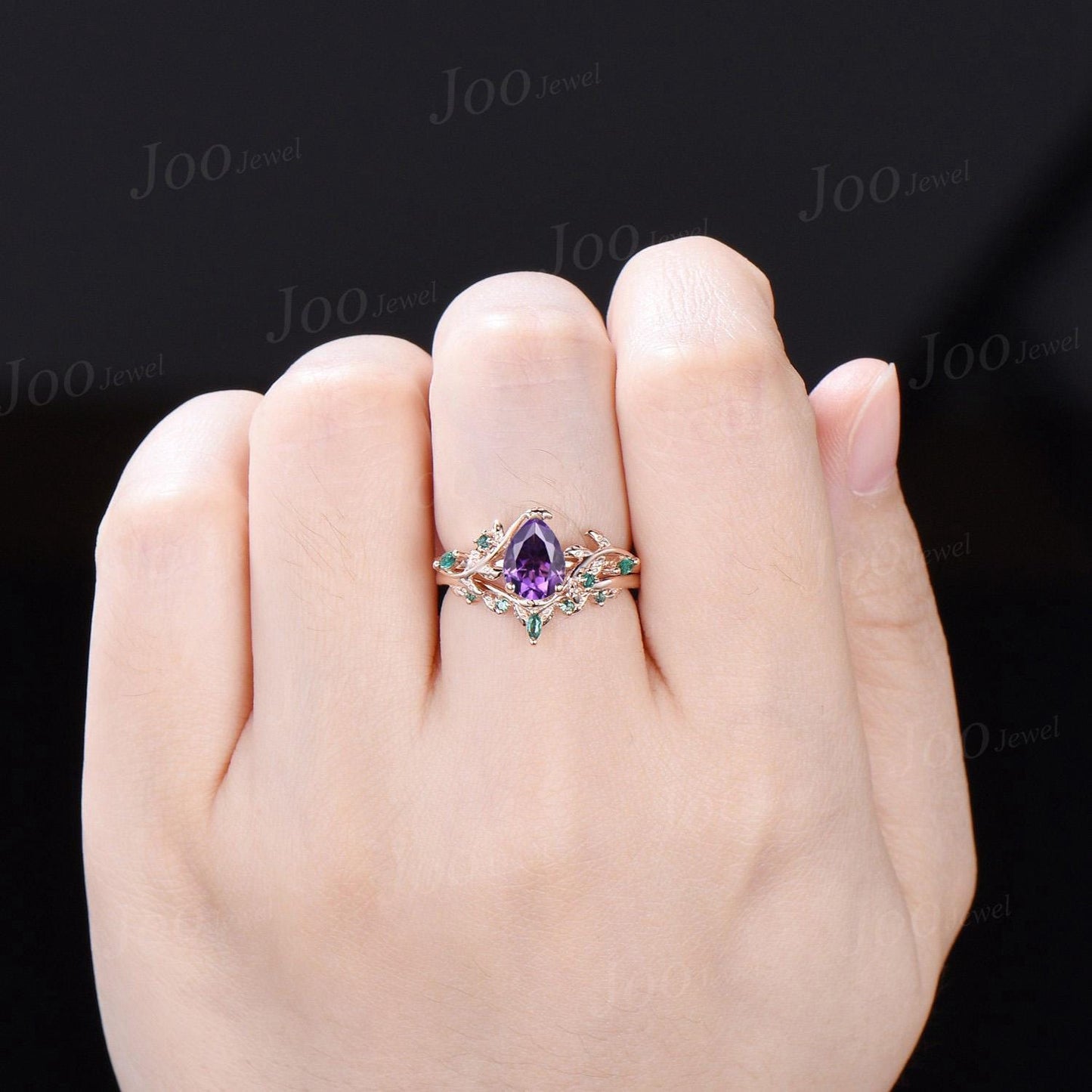Nature Inspired Flower Genuine Amethyst Ring Set Vintage 14K Black Gold Leaf Branch Bridal Set Pear Wedding Ring February Birthstone Gifts