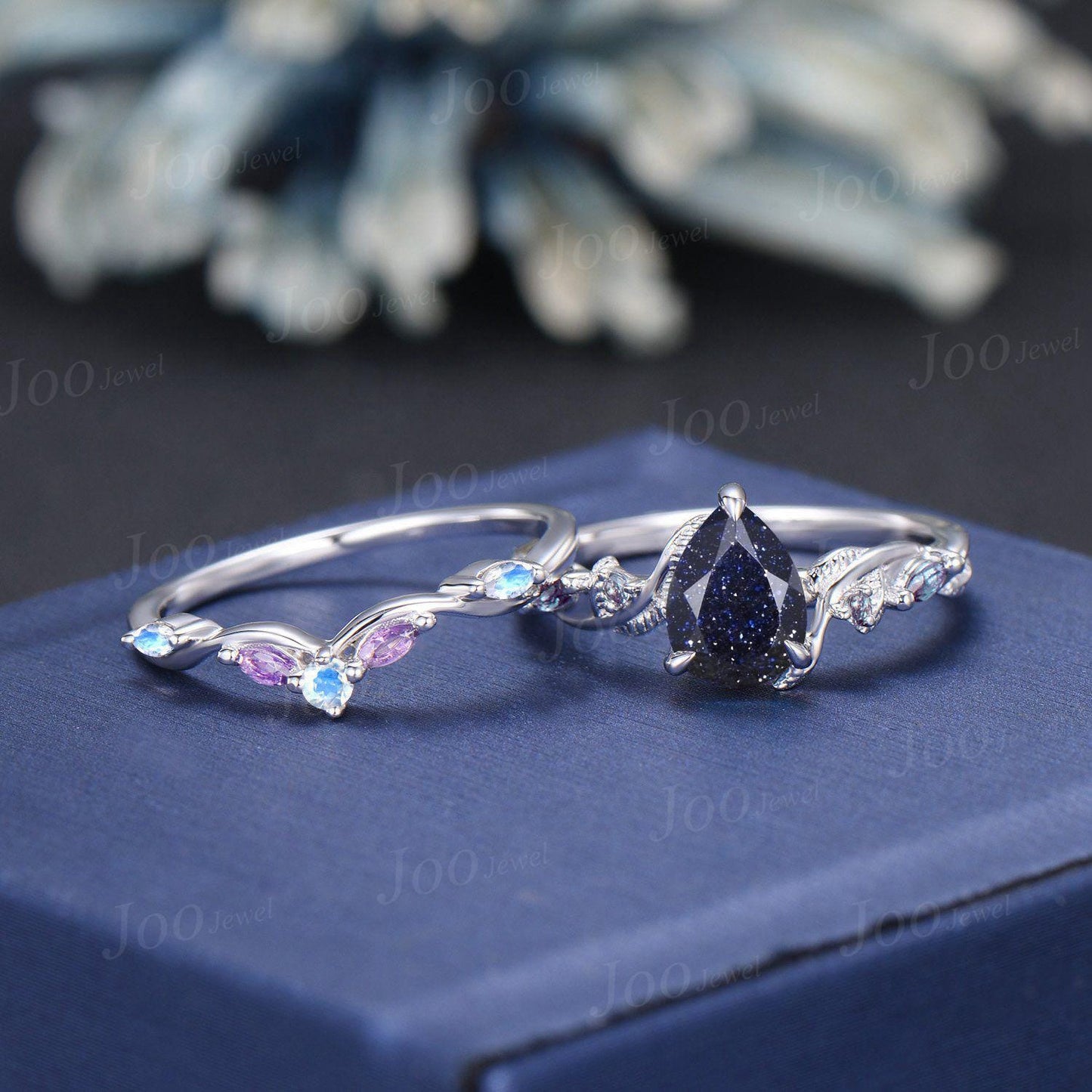 Vintage Blue Sandstone Engagement Ring Set Twist Twig Leaf Alexandrite Curved Stacking Band Pear Shaped Bridal Set Unique Black Wedding Set