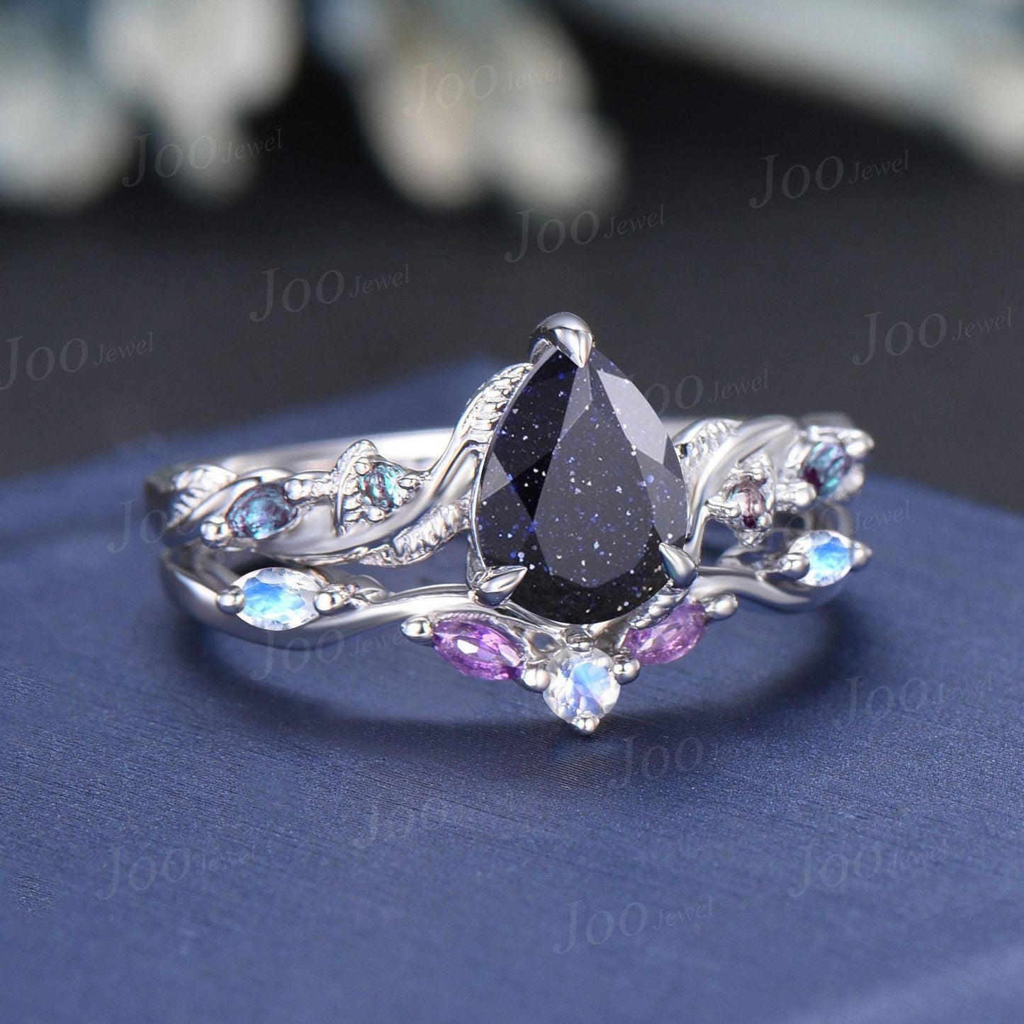 Vintage Blue Sandstone Engagement Ring Set Twist Twig Leaf Alexandrite Curved Stacking Band Pear Shaped Bridal Set Unique Black Wedding Set