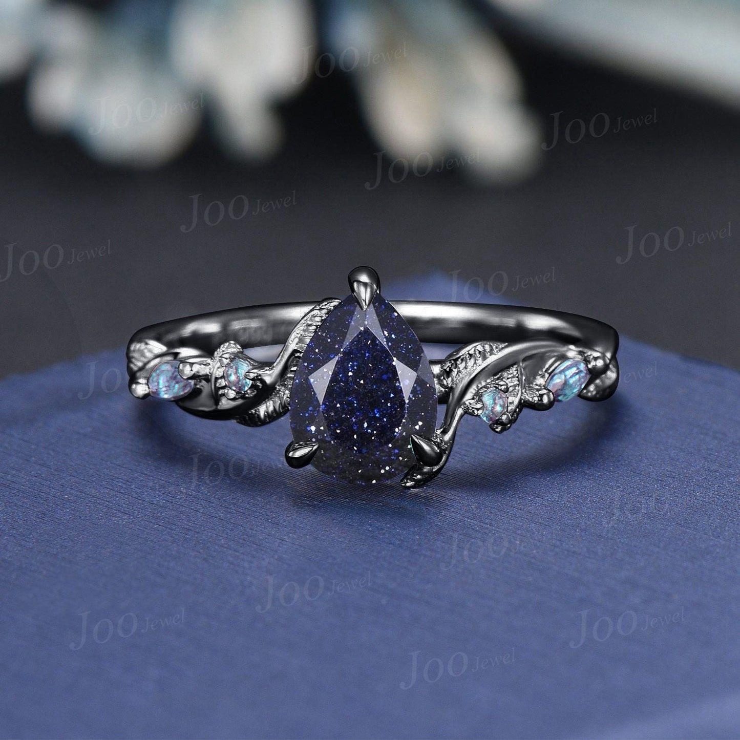 Vintage Blue Sandstone Engagement Ring Set Twist Twig Leaf Alexandrite Curved Stacking Band Pear Shaped Bridal Set Unique Black Wedding Set