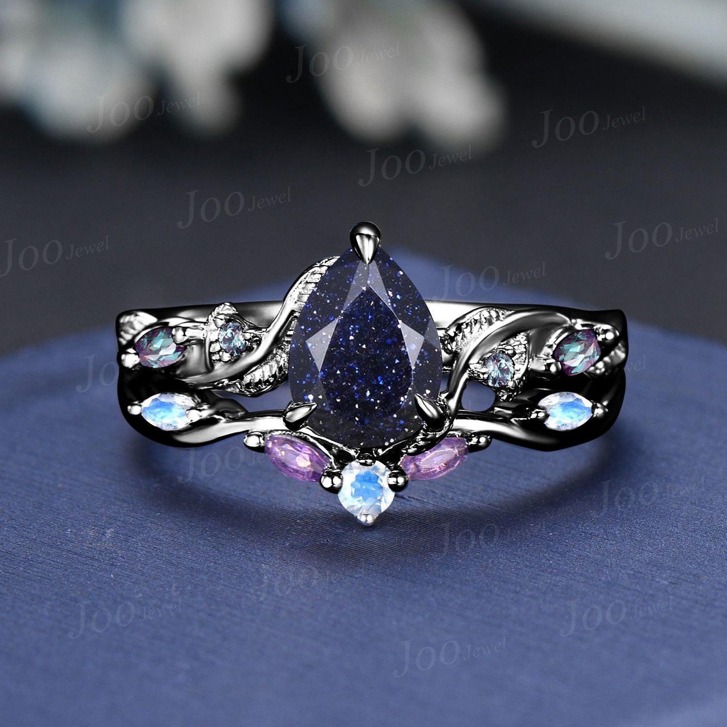 Vintage Blue Sandstone Engagement Ring Set Twist Twig Leaf Alexandrite Curved Stacking Band Pear Shaped Bridal Set Unique Black Wedding Set