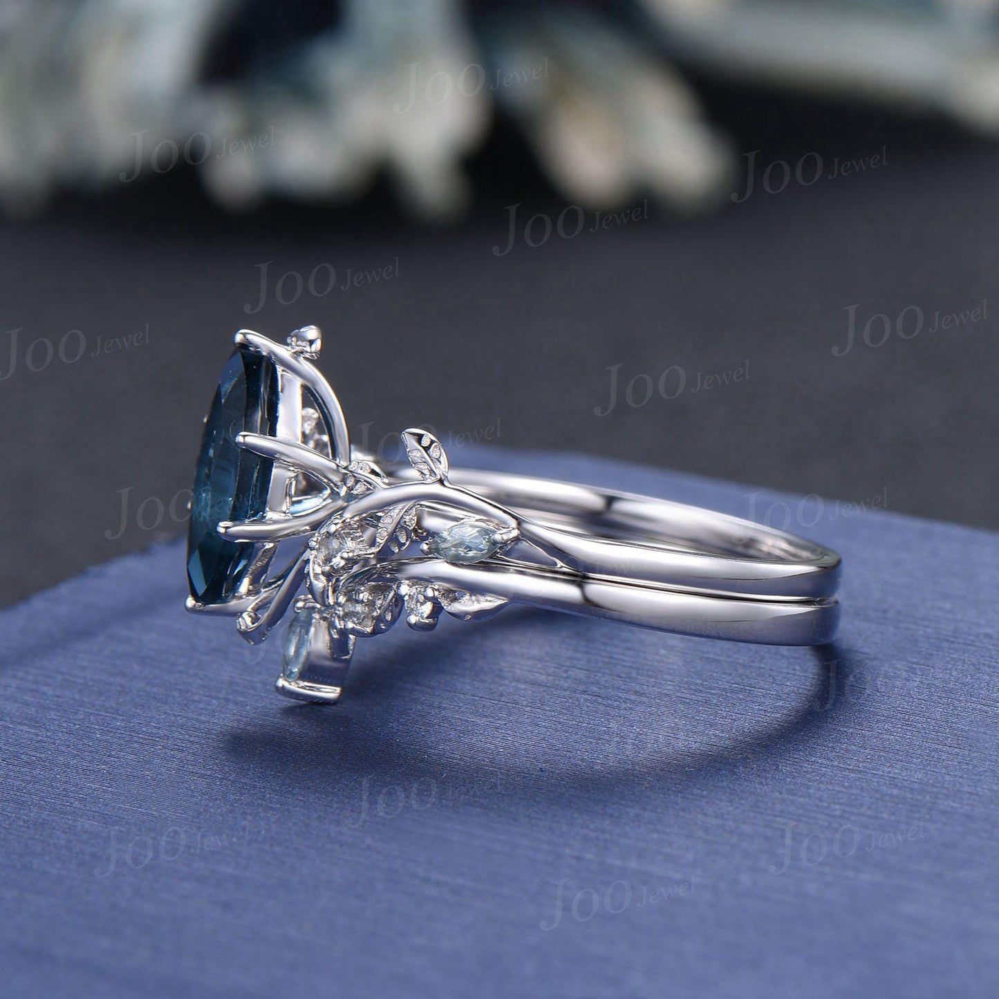 Marquise Wedding Ring Set Leaf Branch Marquise Cut Natural London Blue Topaz Bridal Ring Aquamarine Wedding Ring December Birthstone Gifts